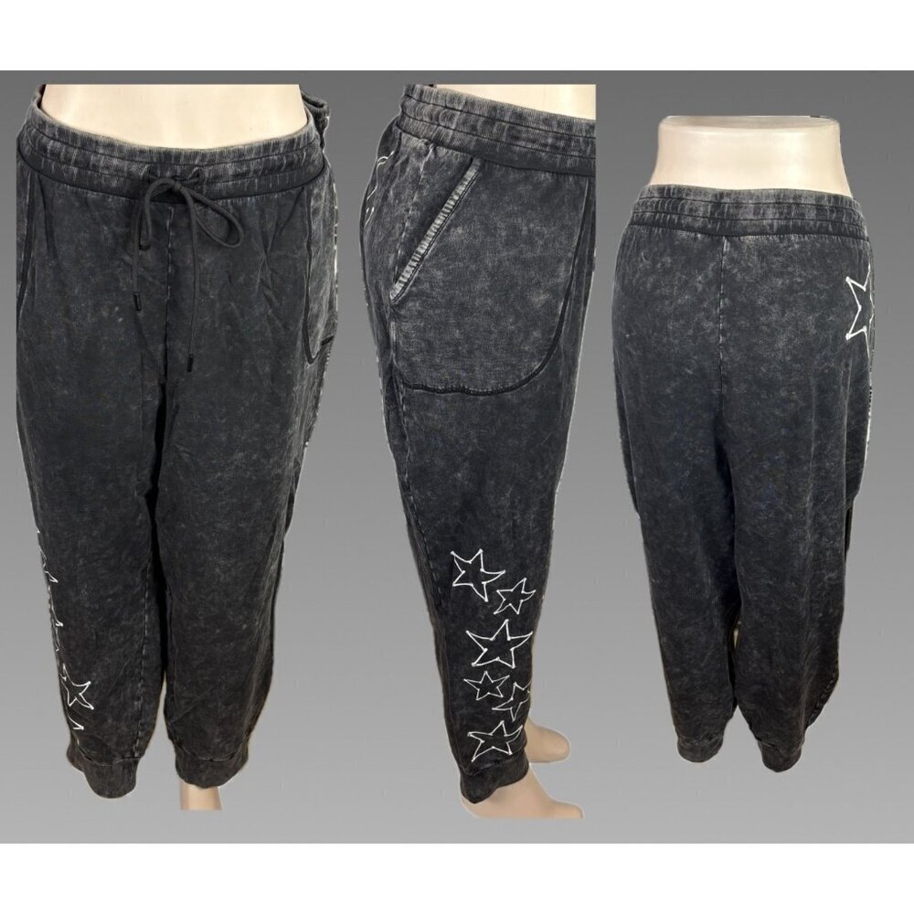 Lovesick +5 Black Acid Wash Drawstring Star Skeleton Bones Graphic Jogger Pants